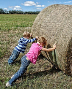 kids pushing a big hay bale